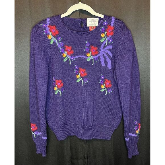 Vintage Susan Bristol Wool Sweater Sz 40 Hand Embroidered Purple Floral Pullover - Picture 4 of 10